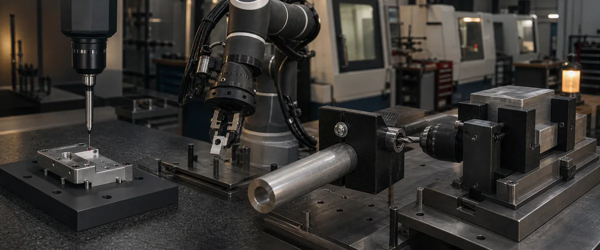 Representative inspection fixture, robotic end-of-arm tooling, drill guide, and soft jaws in a precision manufacturing workspace