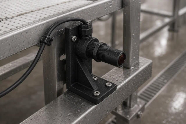 Representative composite sensor mount installed on a wet stainless conveyor frame
