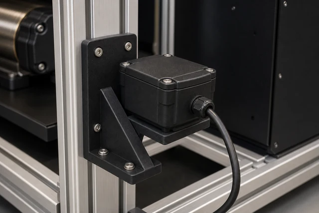 Representative composite end-use bracket supporting a sensor housing inside an industrial test stand