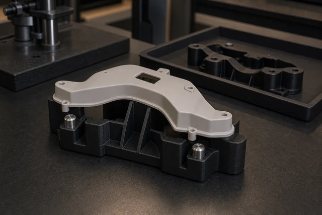 Representative composite checking fixture used to validate a finished molded-polymer cover against an earlier revision