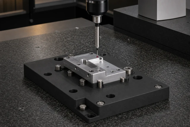 Representative composite CMM nest holding a machined part under a probe