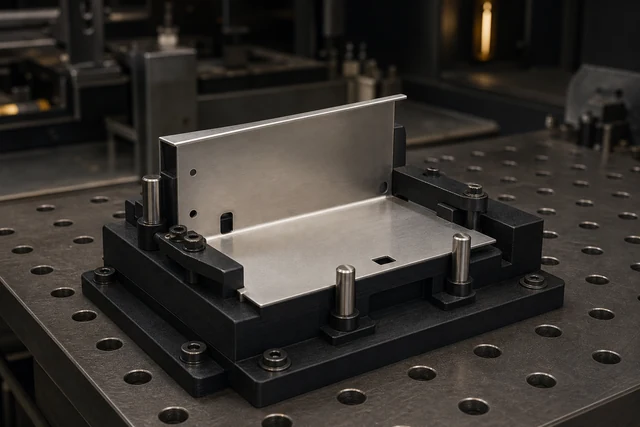 Representative composite locating fixture holding a bent sheet-metal enclosure
