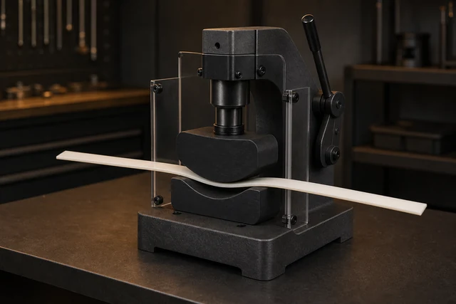 Representative composite soft die set bending a room-temperature plastic prototype strip in a benchtop press