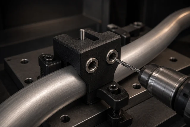 Representative composite drill guide with replaceable metal bushings aligned on a curved metal tube