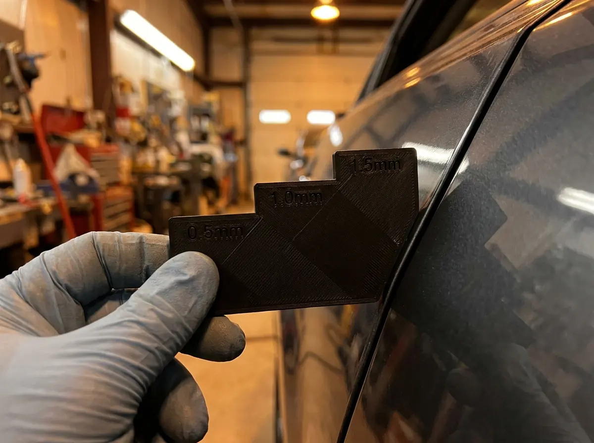 Printed stepped gauge checking a vehicle panel gap.