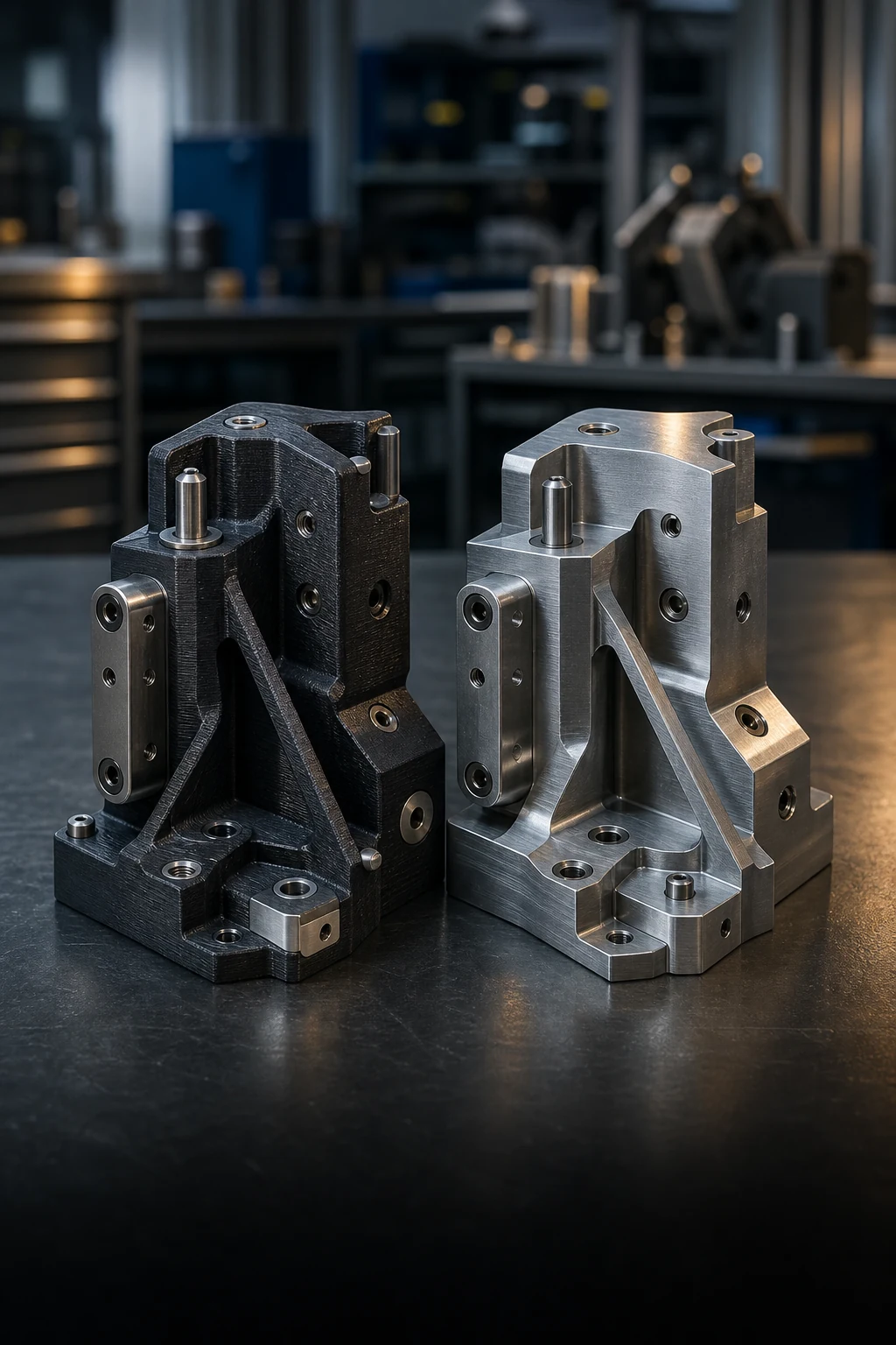 Matched generic tooling forms shown in black composite and machined metal, with metal locator and wear interfaces on the composite form