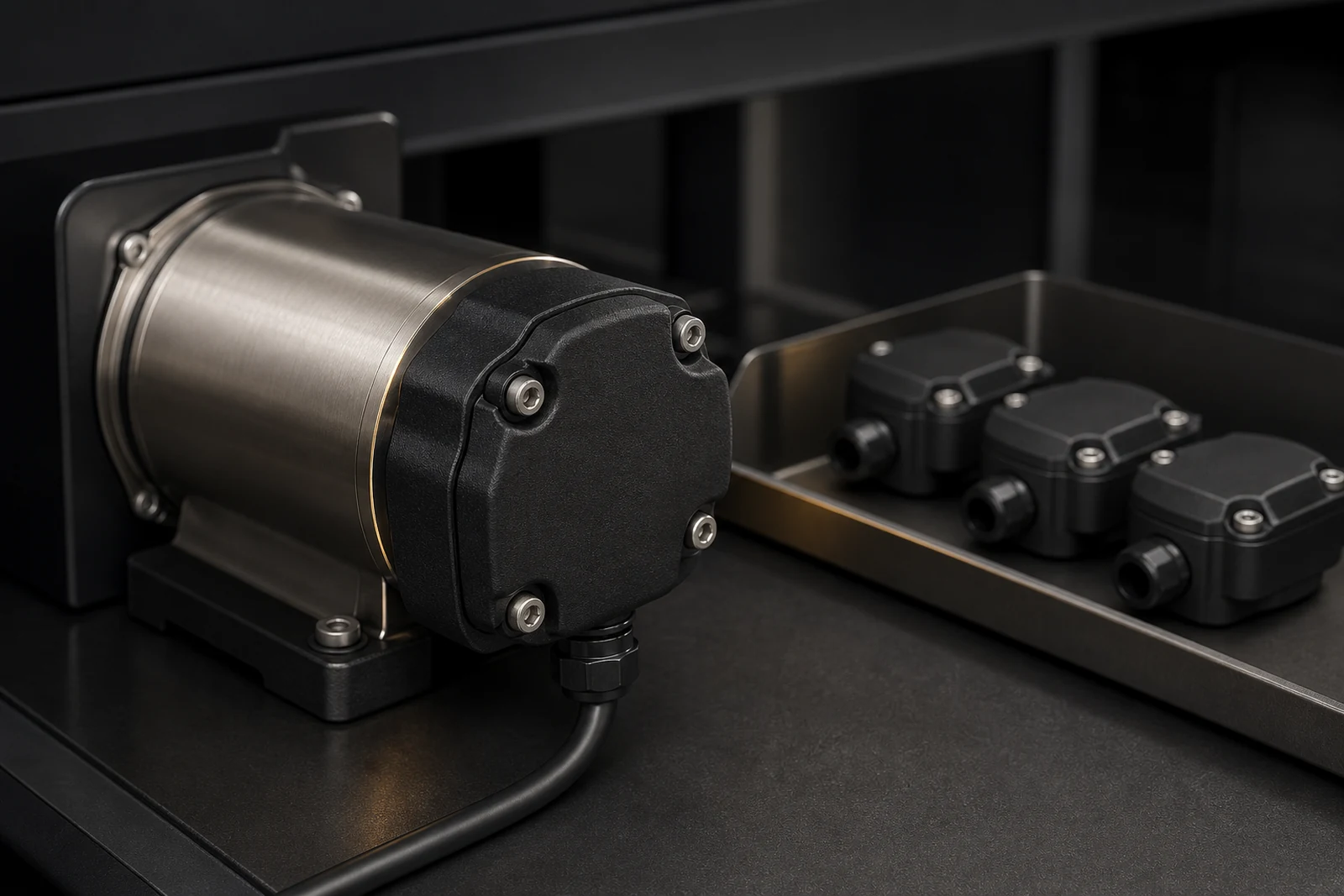 Finished encoder housing installed on a conveyor drive beside a matched low-volume batch
