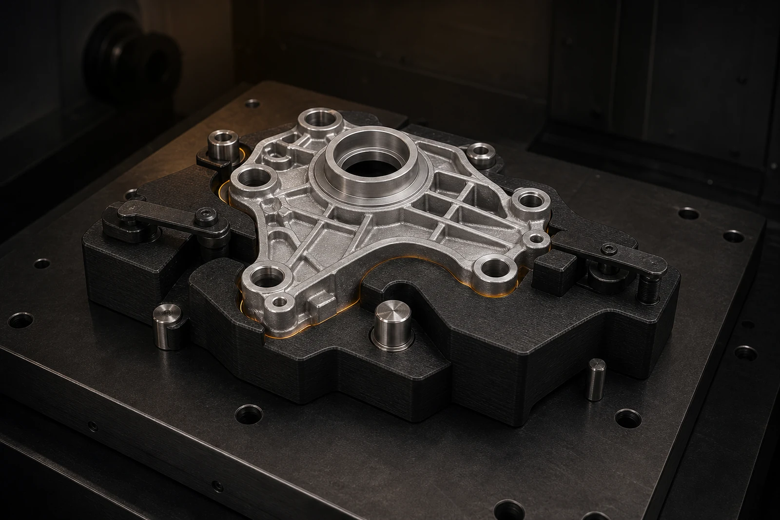 Composite production fixture locating an aluminum valve cover against metal bushings and hard stops