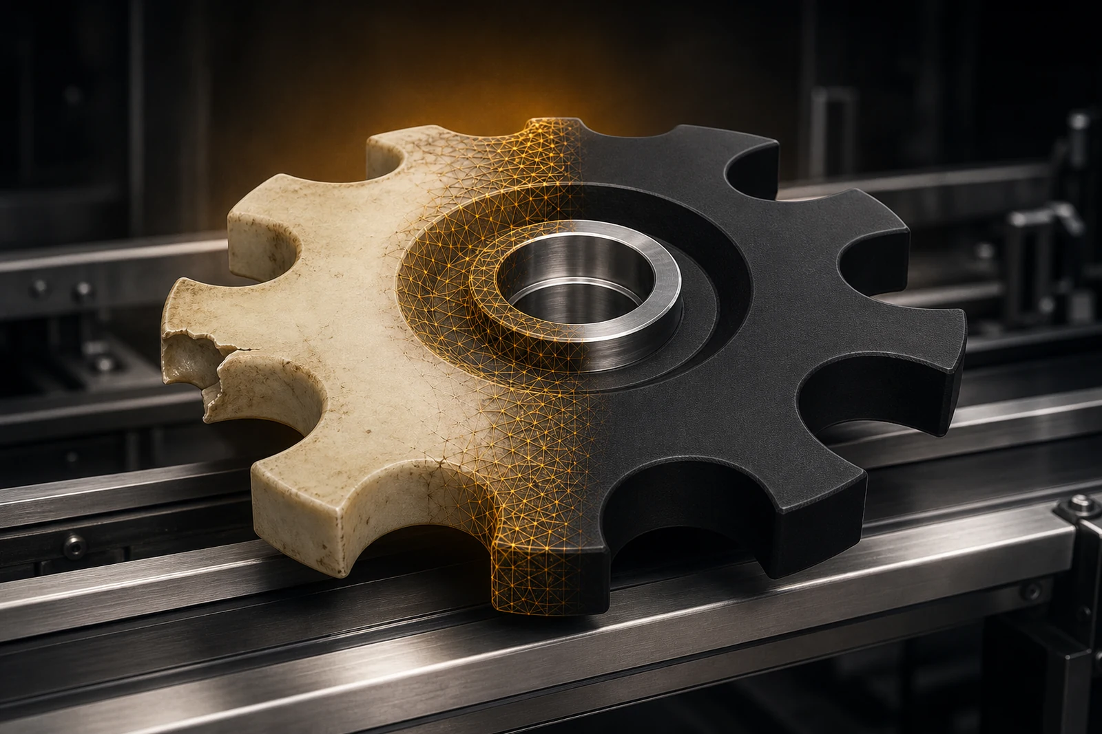 Worn packaging star wheel transitioning through reconstructed mesh into corrected replacement geometry