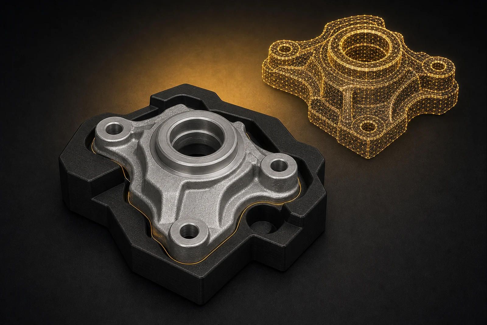 A machined housing seated in a black composite fixture beside its gold wireframe digital twin.