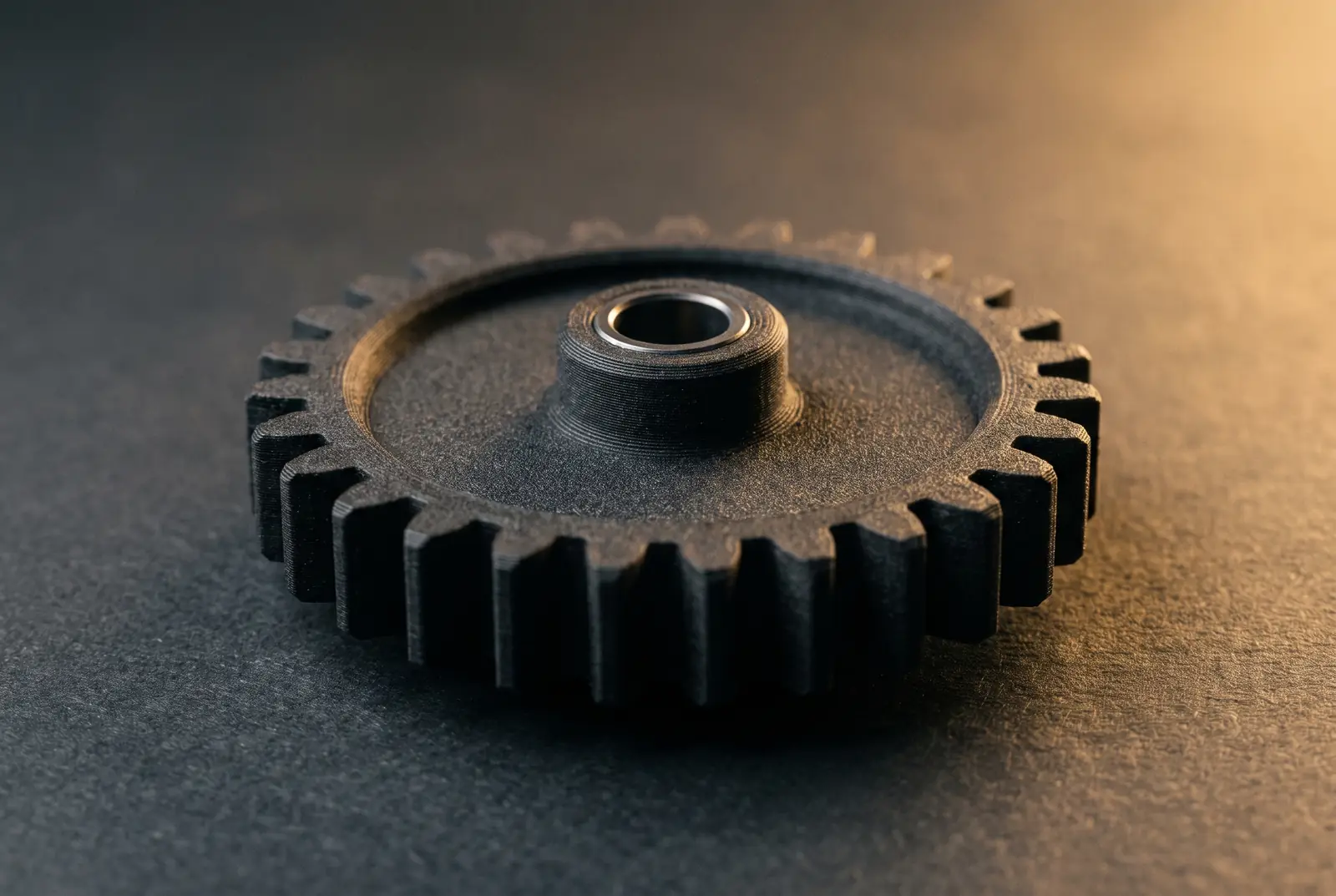 Black composite spur gear with a pressed metal center insert.