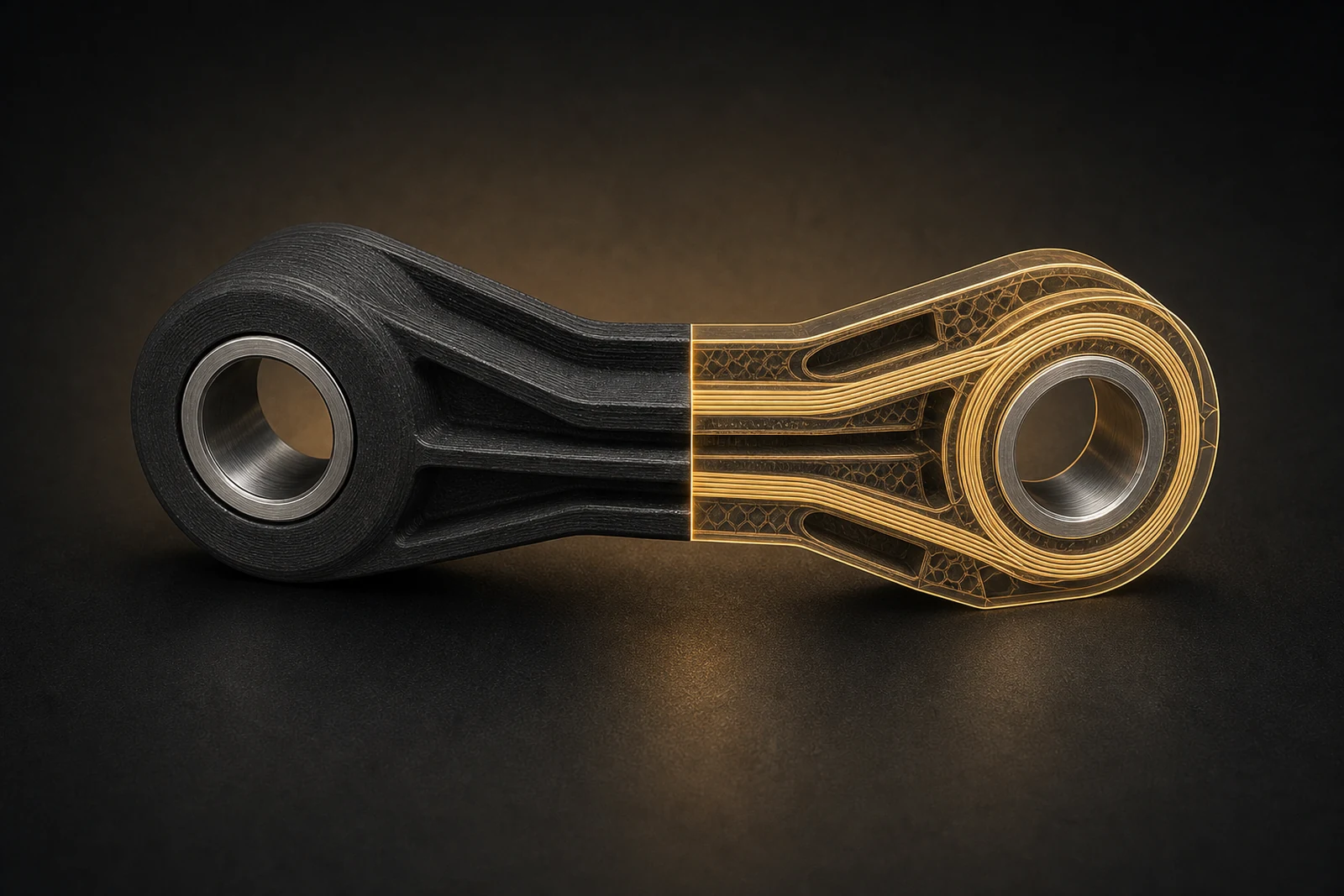 Composite replacement link cutaway showing continuous-fiber reinforcement and metal bearing inserts.