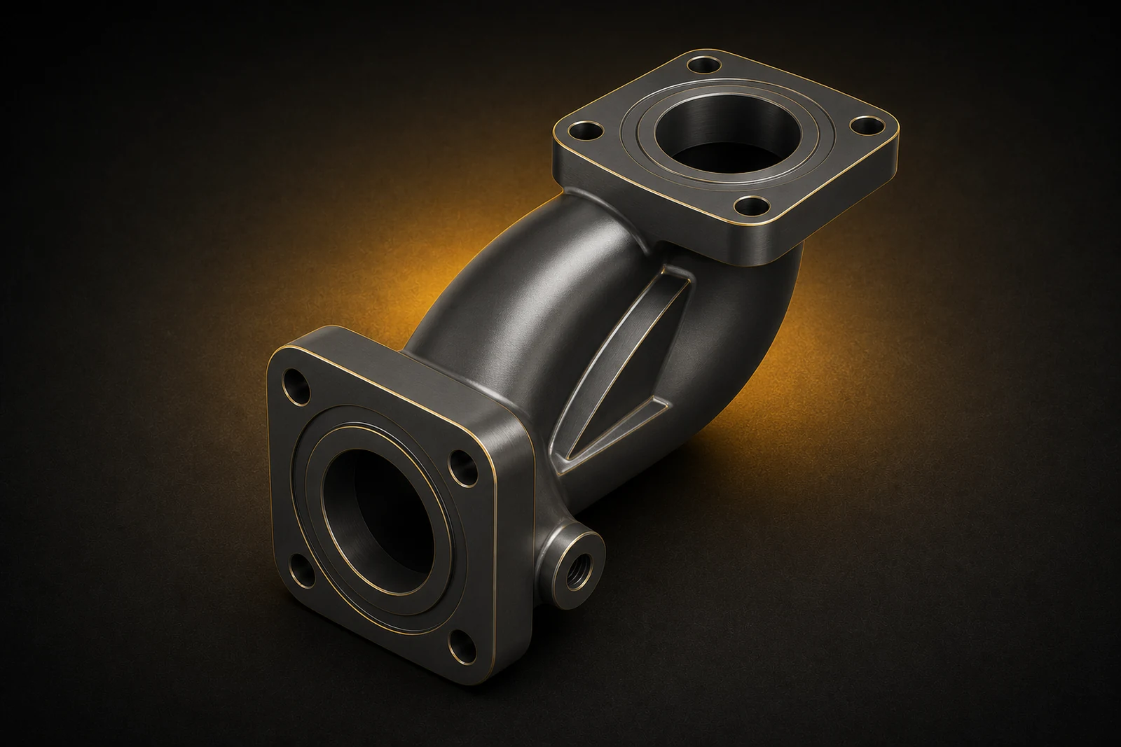 The completed flanged hydraulic elbow rendered as a smooth graphite parametric CAD solid.