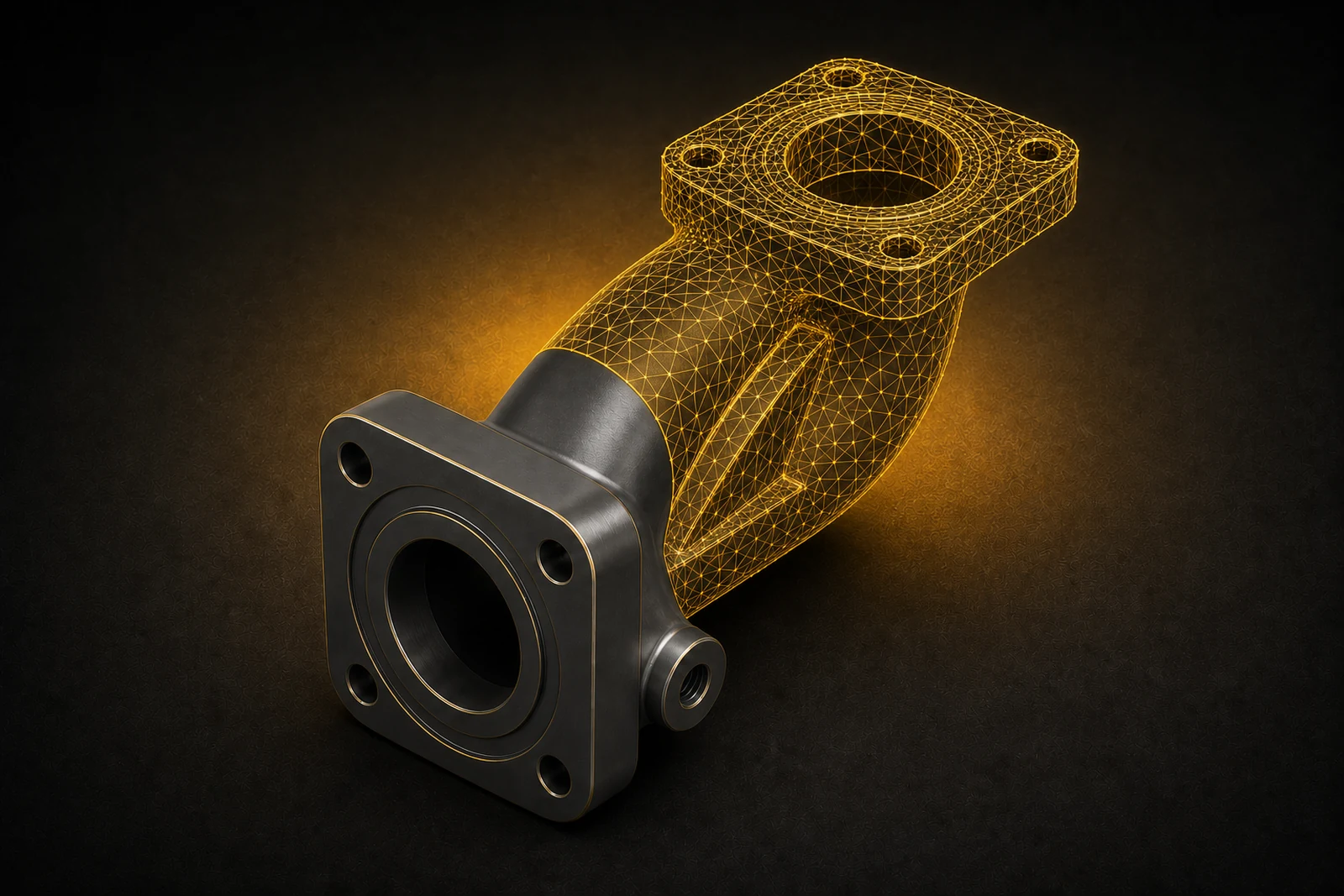 A flanged hydraulic elbow one-quarter modeled as a smooth graphite CAD solid, with the remaining geometry filled by a gold triangular mesh.