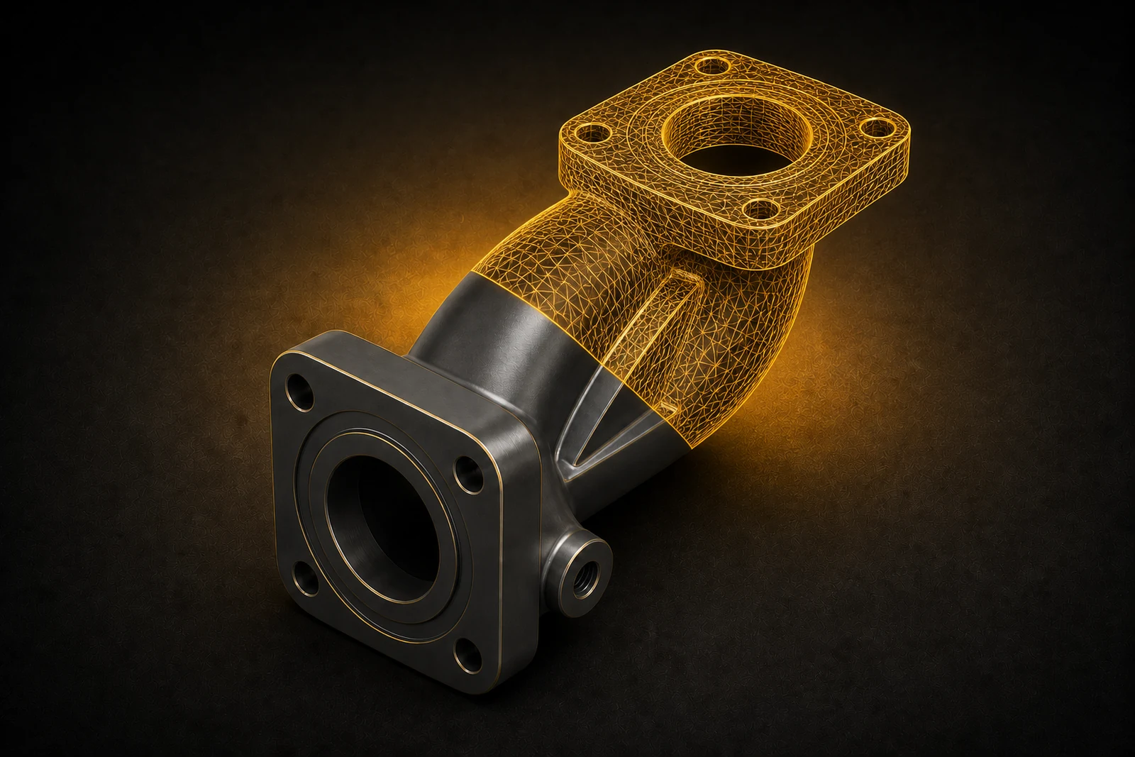 The same flanged hydraulic elbow halfway modeled as a graphite CAD solid and halfway filled by a gold triangular mesh.