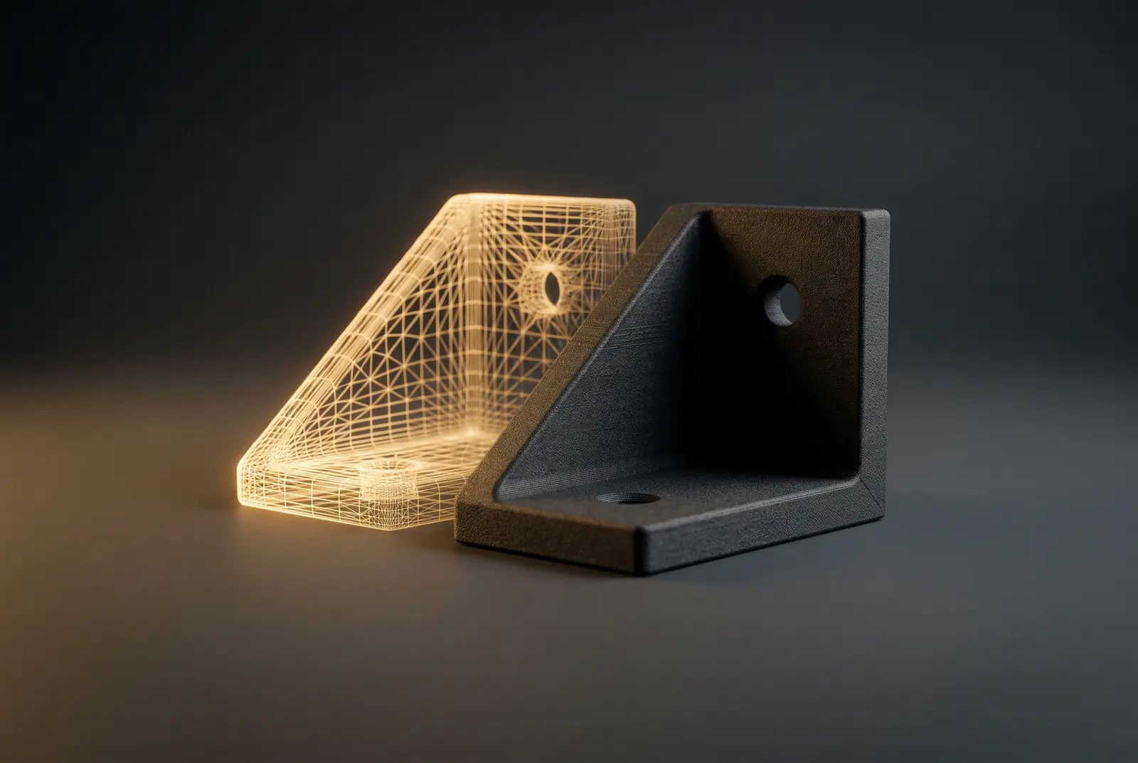 Glowing CAD wireframe twin beside its completed composite bracket.