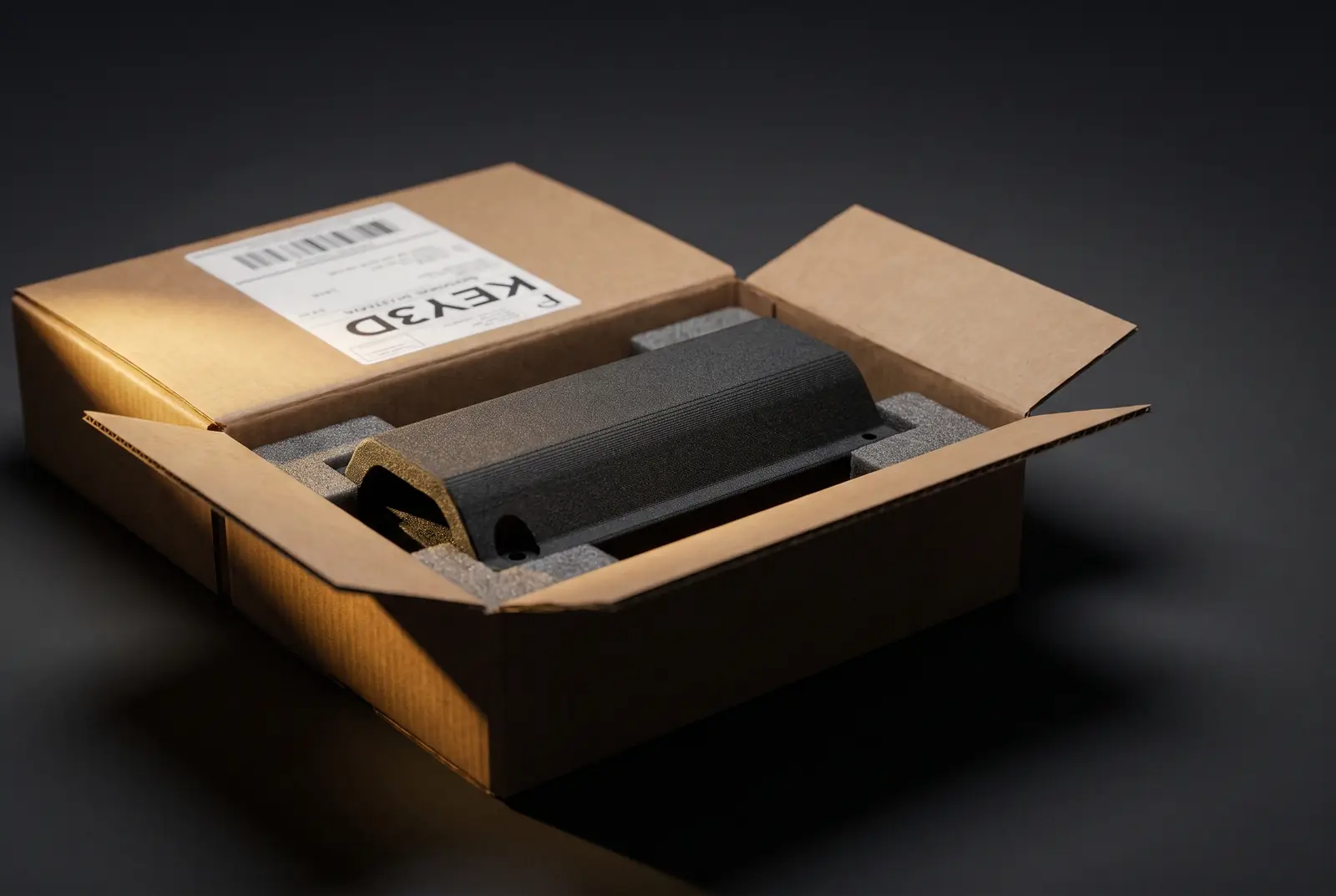 Composite replacement component protected inside a shipment box.