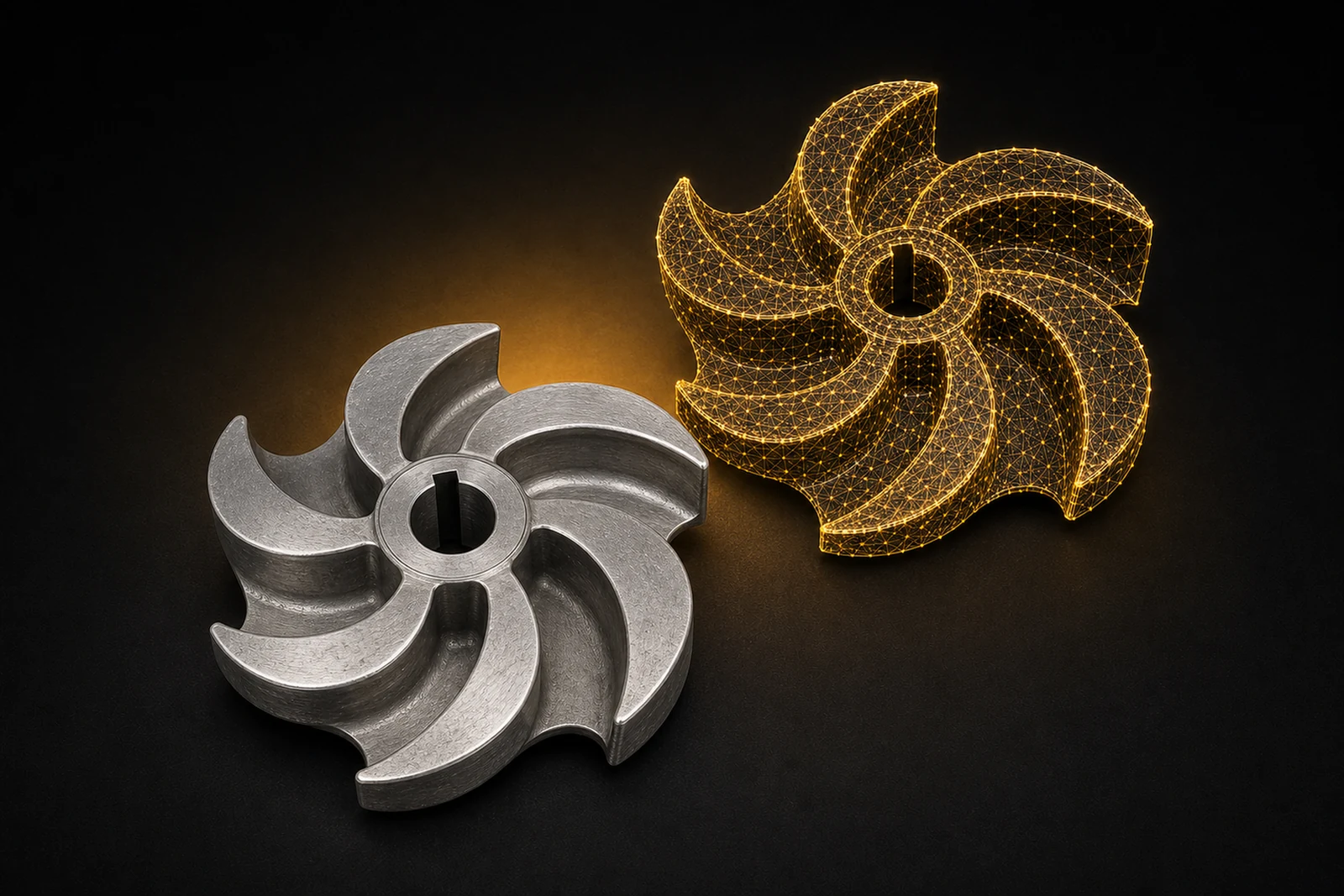 A machined six-blade impeller beside its matching gold triangular-mesh digital twin.
