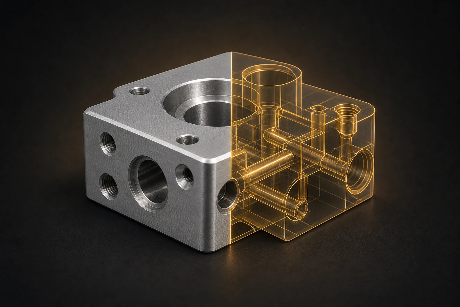 A machined aluminum hydraulic manifold transitioning into a transparent gold CAD cutaway that reveals internal passages.