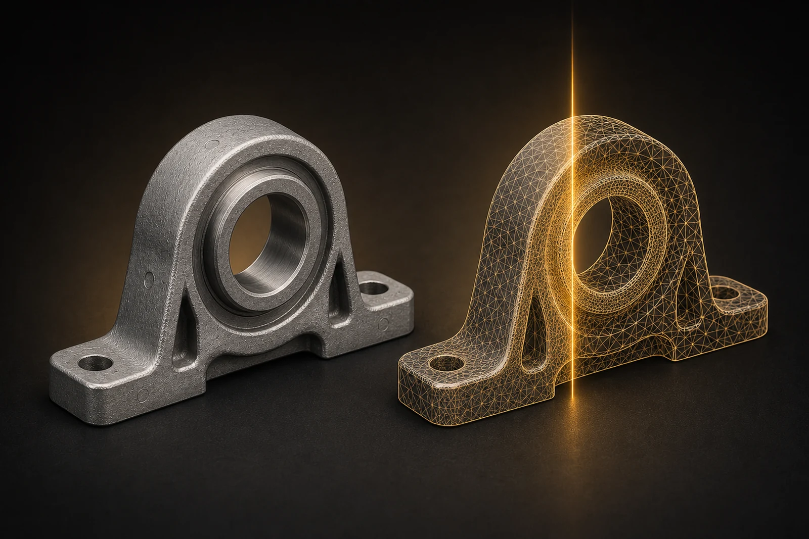 Physical bearing housing beside its digital mesh under a scanning plane.